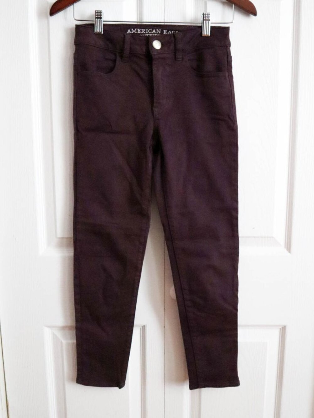 American Eagle Super Stretch Skinny Jeans Cropped Ankle Mid-Rise Burgundy Sz 0